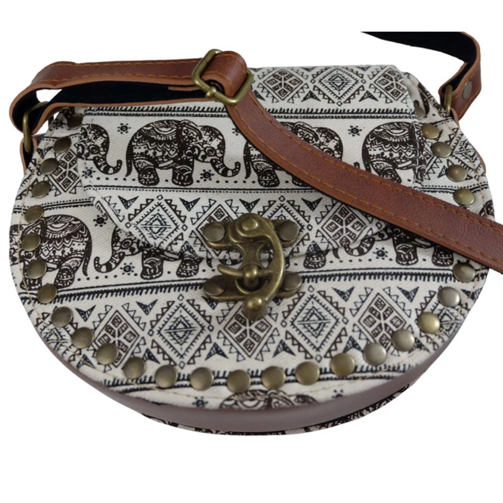 Vintage Elephant Print Shoulder Bag with Brown Strap